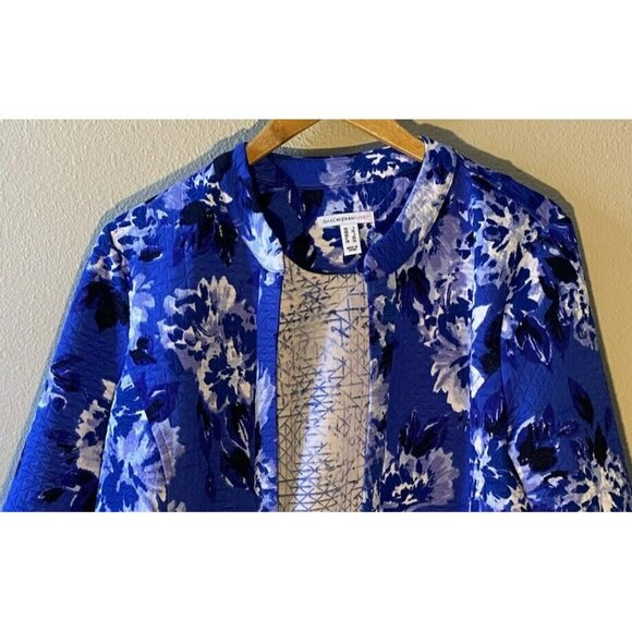 Isaac Mizrahi Live Open Front Cardigan Jacket Large Blue Floral Quilted 3/4 Slv - Picture 2 of 8